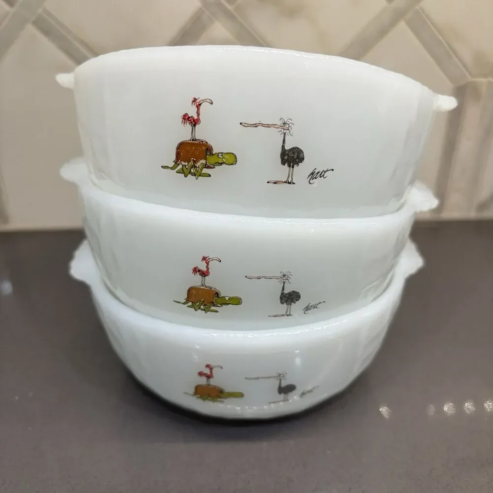 FIVE Vtg Anchor Hocking Fire King BC Johnny Hart Crog Cereal Bowls Dinosaurs